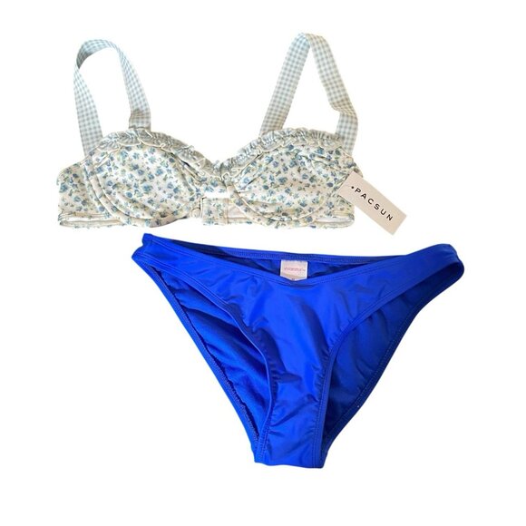 S/M Bikini Set PacSun Elise Ruffle Top Blue Floral Gingham Xhilaration Cheeky - Picture 1 of 16